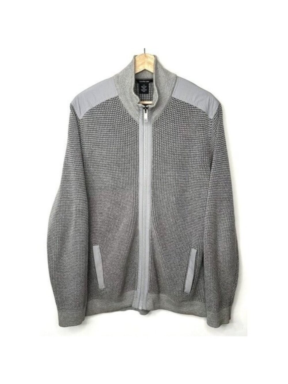 Calvin Klein Jeans Mens L Gray Waffle Knit Full Zip Mock Neck Sweater Jacket